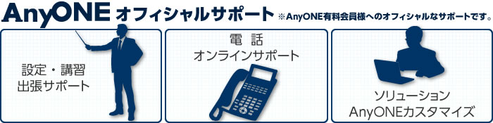 AnyONEオフィシャルサポート 設置・設定、講習、出張サポート／電話、オンラインサポート／ソリューション、カスタマイズ